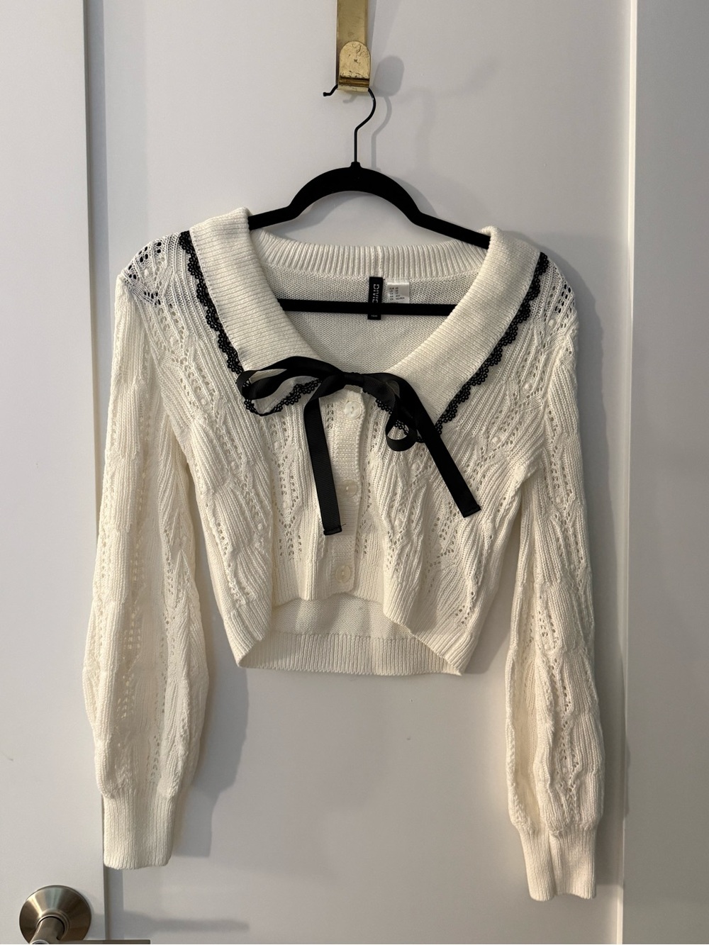 H&M Cream Knit V-Neck Cardigan with Black Ribbon